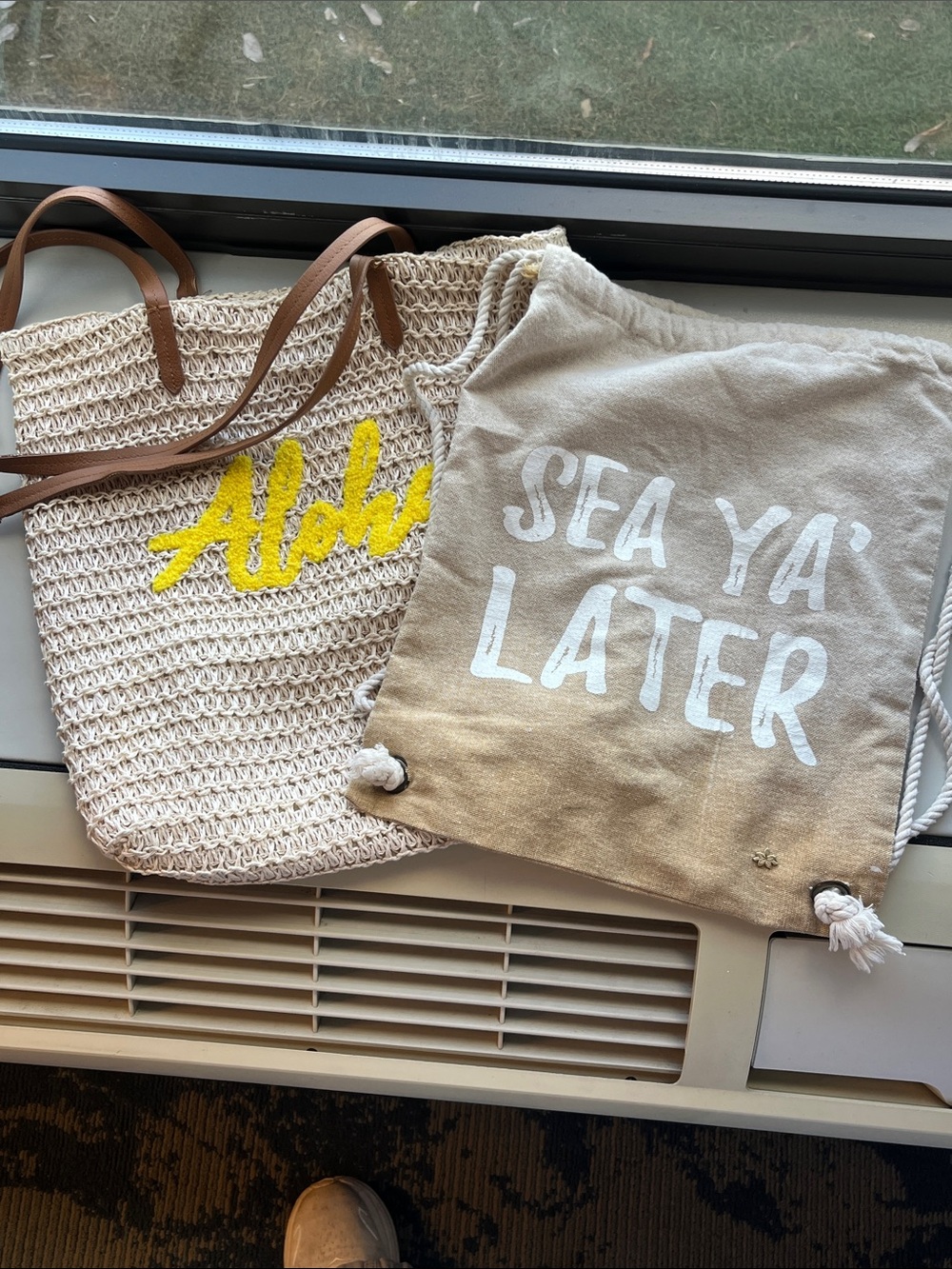 Beach Tote Bag Set - Cream Crochet yellow Aloha Tote & Tan Drawstring Bag